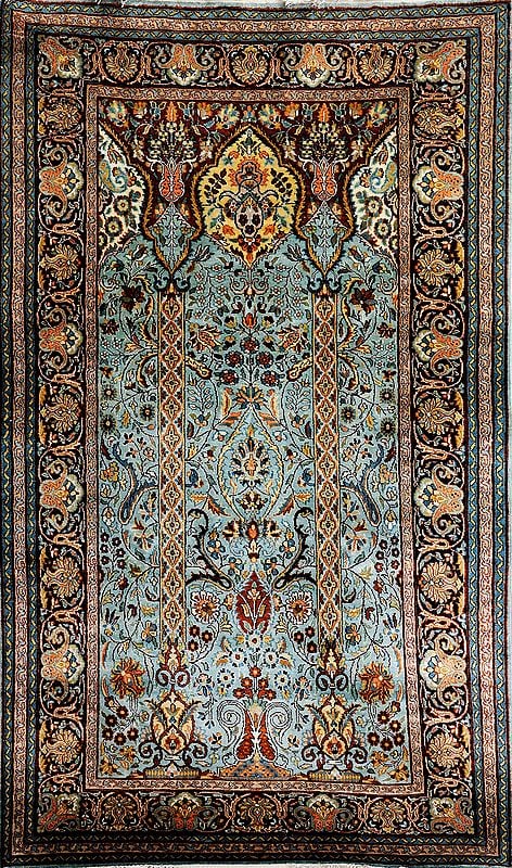 Turquoise Carpet from Kashmir with Knotted Flowers and Paisleys