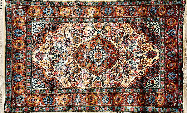 Ivory Carpet from Kashmir with Knotted Flowers and Leaves