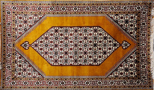 Golden-Yellow Carpet from Kashmir with Knotted Flowers All-Over