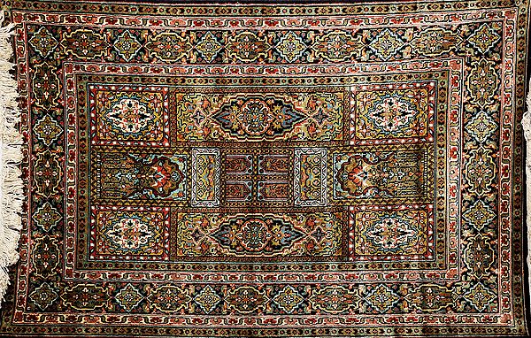 Black Carpet from Kashmir with Knotted Flowers All-Over