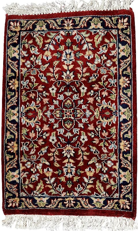 Maroon Hand-Knotted Mat from Agra with Mughal Design