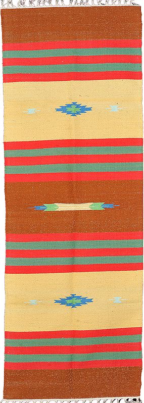 Runner Durri from Sitapur with Hand-woven Stripes in Red and Green Thread