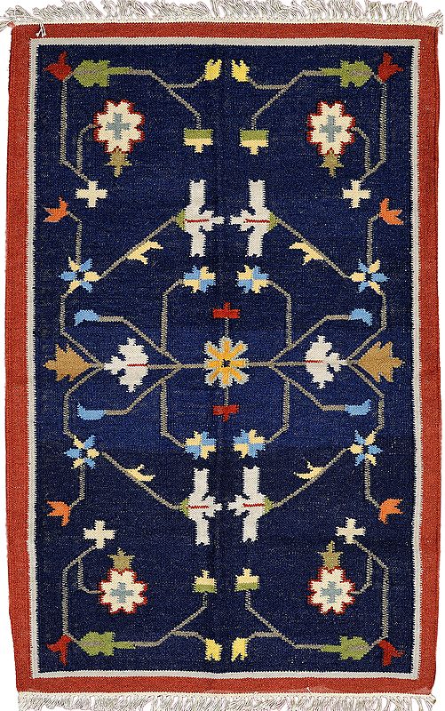 Insignia-Blue Durri from Bhadohi with Hand-woven Flowers