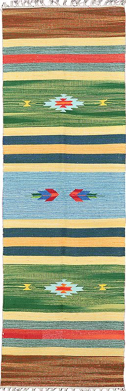 Multi-Color Runner from Sitapur with Woven Stripes and Motifs