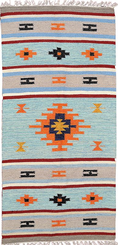 Eggshell-Blue Dhurrie from Sitapur with Woven Motifs and Stripes