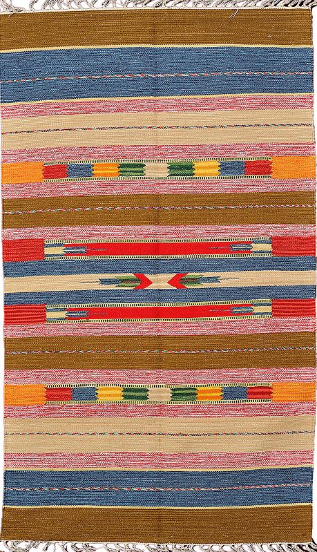 Multi-Color Dhurrie from Sitapur with Thread Weave
