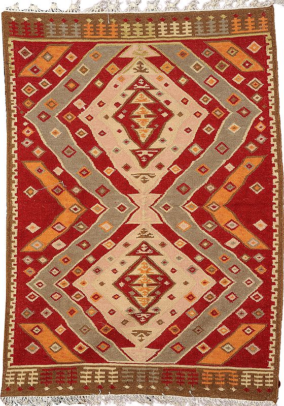 Garnet-Red Handloom Dhurrie from Bhadohi with Woven Bootis