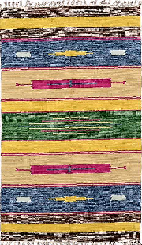 Multi-Color Dhurrie from Sitapur with Woven Motifs