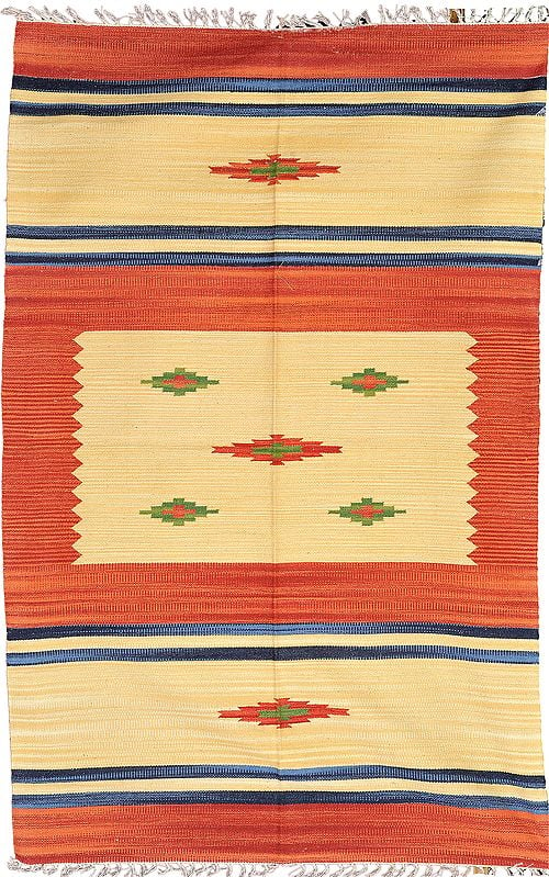 Red and Vanilla Dhurrie from Sitapur with Woven Stripes and Motifs