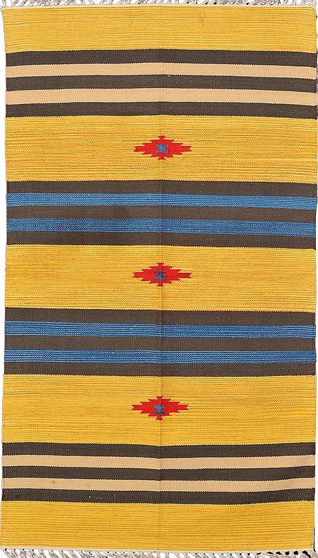 Yellow and Gray Dhurrie from Sitapur with Woven Stripes