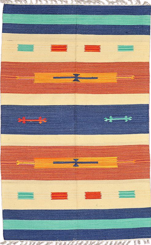 Multi-Color Cotton Asana from Sitapur with Woven Motifs