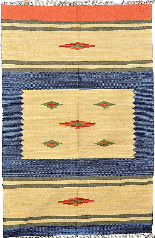 Vanilla and Blue Dhurrie from Sitapur with Woven Motifs