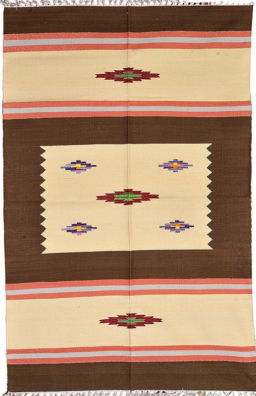 Chocolate Chip and Vanilla Dhurrie from Sitapur with Woven Motifs