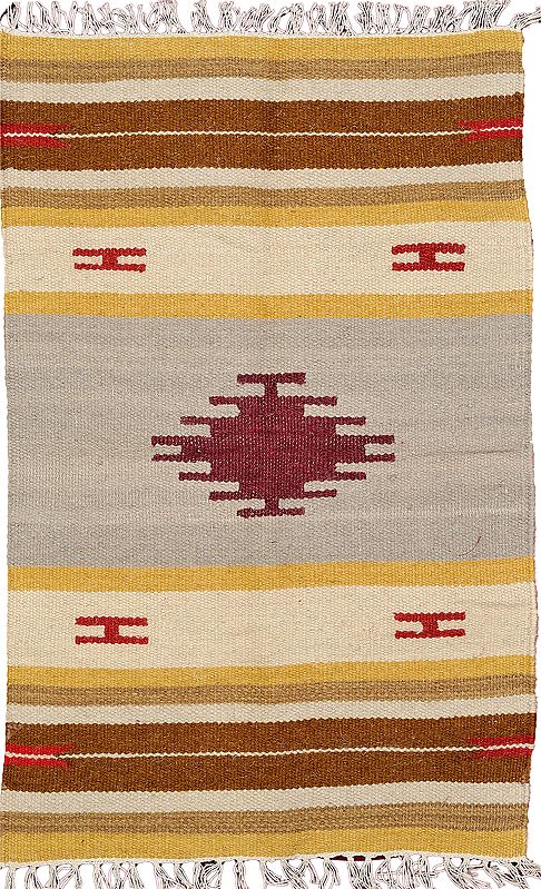 Gray and Cream Handloom Asana from Sitapur with Woven Motifs