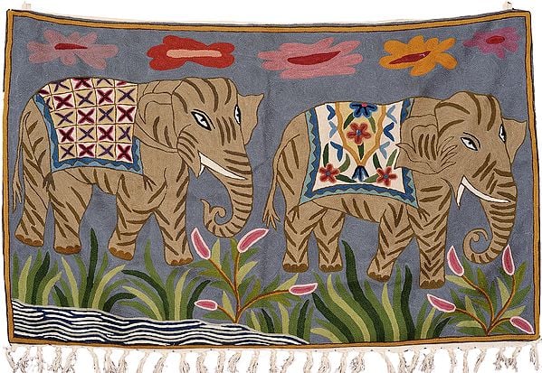 Frost-Gray Asana Mat cum Wall Hanging from Kashmir with Embroidered Elephants