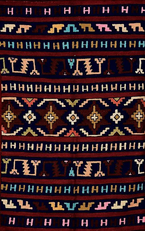 Patriot-Blue Asana Mat from Kashmir with Embroidered Aztec Motifs