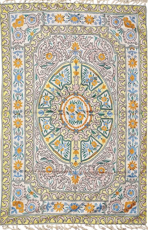 White and Green Floral Embroidered Aasana Mat from Kashmir with Mughal Design