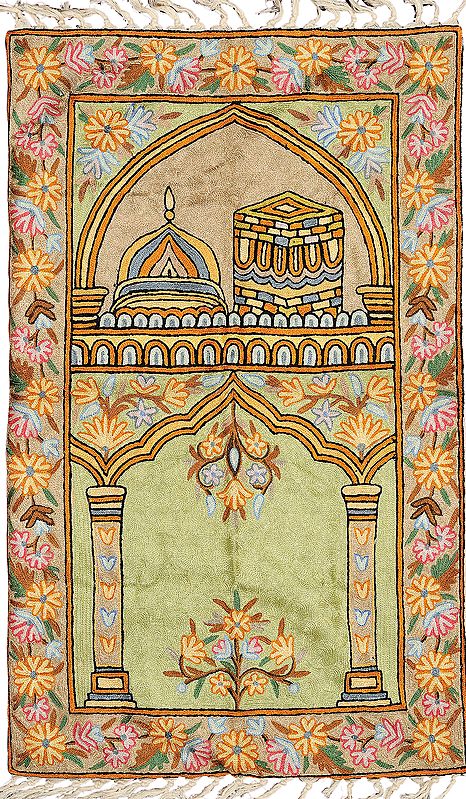 Green and Sandshell Islamic Embroidered Wall Hanging from Kashmir