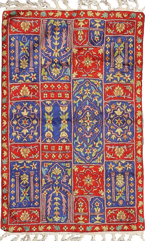 Red and Blue Floral Embroidered Yogi Asana from Kashmir with Persian Motifs