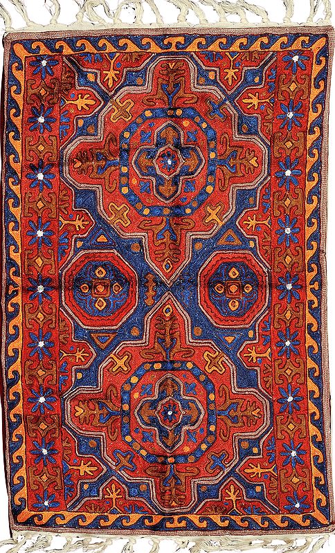 Red and Blue Prayer Rug with Embroidered Mughal Motifs