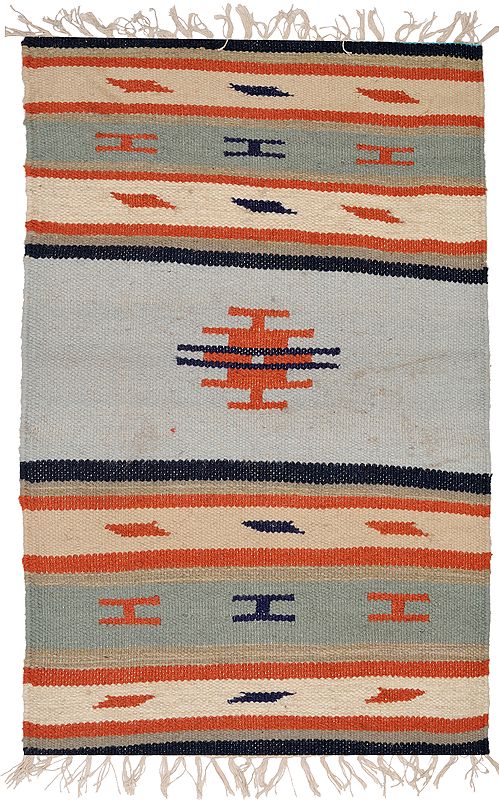 Sky-Gray Handloom Dhurrie from Sitapur with Woven Stripes
