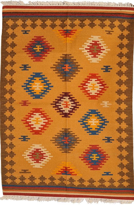Apricot-Tan Handloom Dhurrie from Sitapur with Woven Ikat Motifs