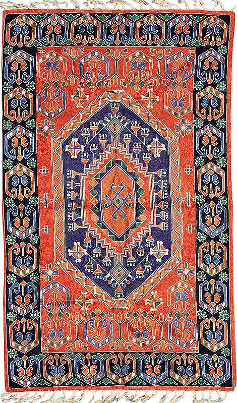 Red and Blue Prayer Rug from Kashmir with Embroidered Motifs