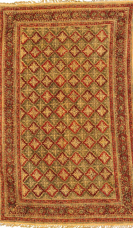 Red and Green Kalamkari Dhurrie from Telangana with Printed Flowers