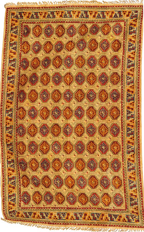 Straw and Red Kalamkari Dhurrie from Telangana with Printed Floral Motifs