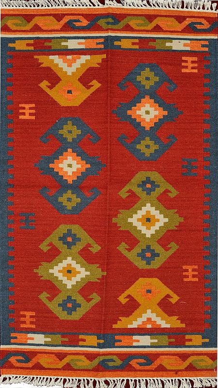 Mineral-Red Handloom Dhurrie from Sitapur with Woven Ikat Motifs