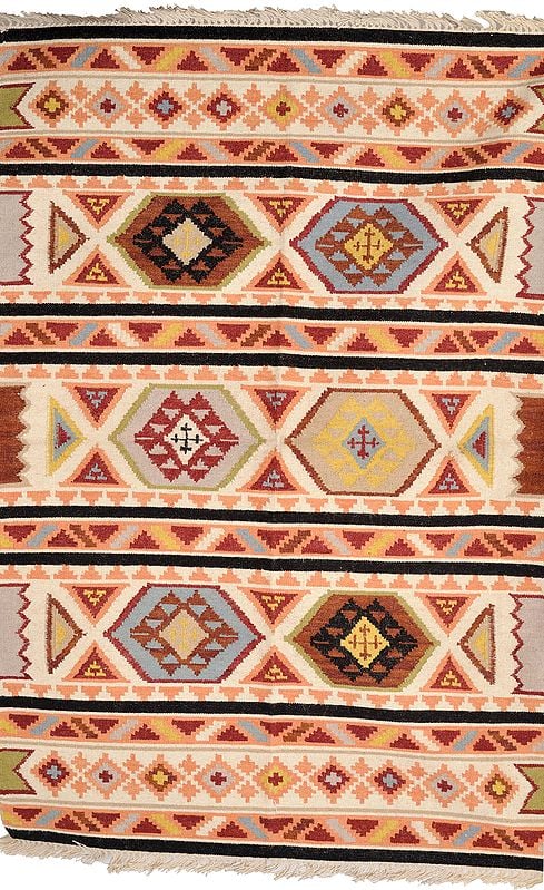 Ivory Handloom Dhurrie from Sitapur with Woven Motifs in Multi-color Thread
