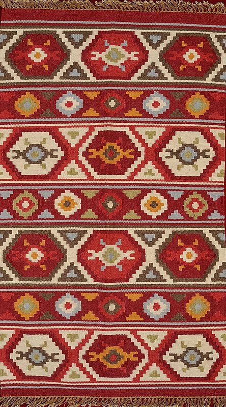 Deep-Claret Handloom Dhurrie from Sitapur with Woven Floral Motifs