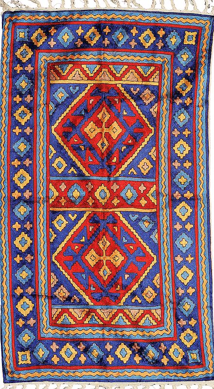 Blue and Red Kashmiri Asana Mat with Embroidered Motifs