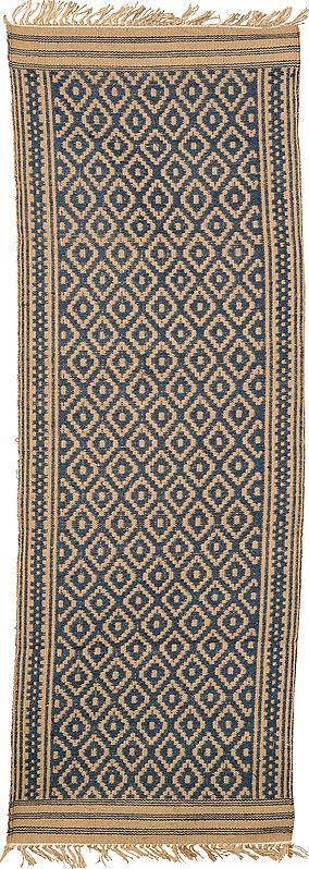 Blue and Beige Runner from Telangana with All-Over Weave