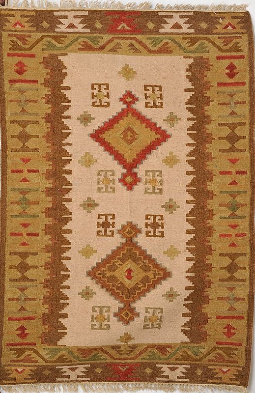 Beige and Brown Handloom Dhurrie from Sitapur with Woven Motifs