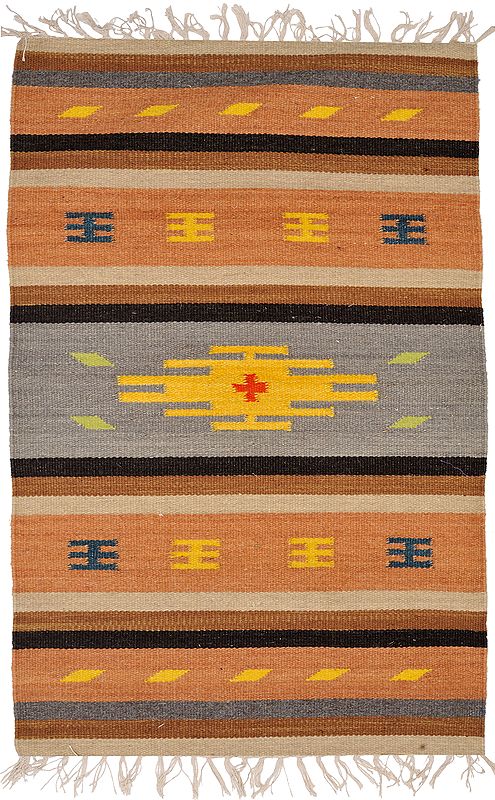 Camel and Gray Kilim Dhurrie from Sitapur with Woven Stripes and Motifs