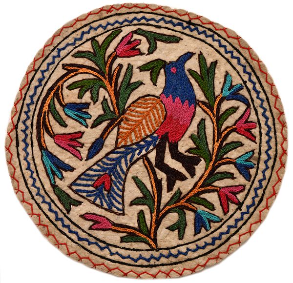 Cloud-Cream Circular Mat with Hand-Embroidered Peacock