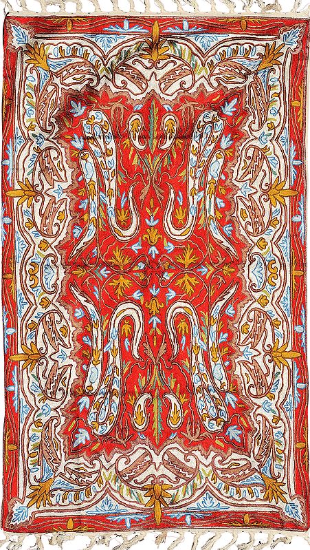 Chinese-Red Asana Mat from Kashmir with Embroidered Paisleys