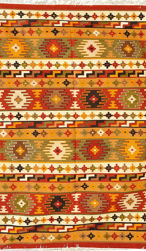 Kilim Handloom Dhurrie from Sitapur with Woven Motifs All-Over