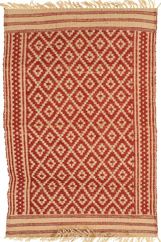Red and Beige Dhurrie from Telangana with Woven Bootis