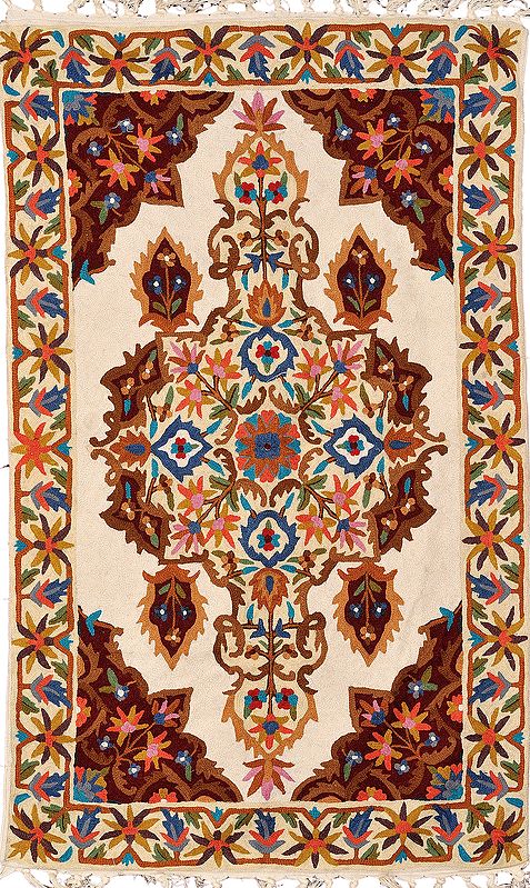 Cream Asana Mat from Kashmir with Floral-Embroidery