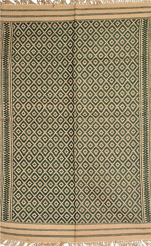 Green and Beige Dhurrie from Telangana with Woven Bootis