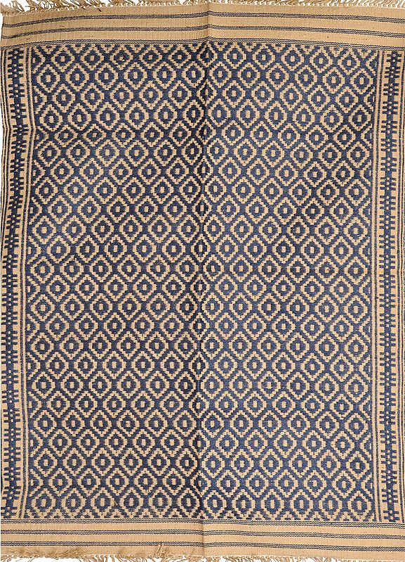 Blue and Beige Dhurrie from Karnataka with Woven Bootis