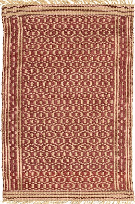 Maroon and Beige Dhurrie from Telangana with Woven Bootis