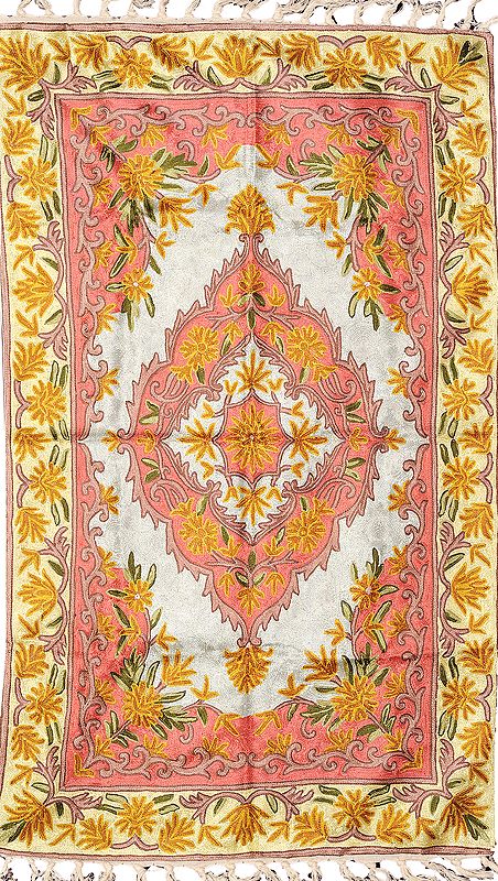 Cream and Pink Kashmiri Asana Mat with Embroidered Floral Motifs