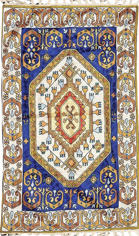 Blue and White Embroidered Asana Mat from Kashmir with Persian Design