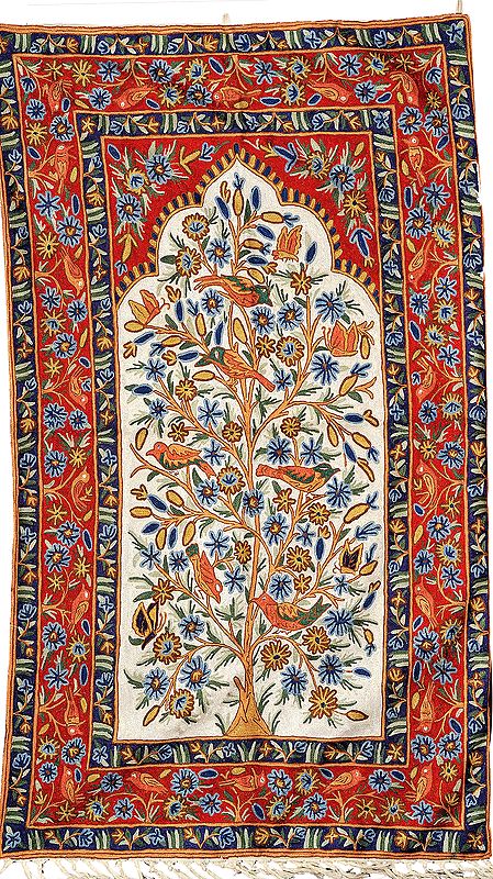 Red and White Tree of Life Asana cum Wall Hanging from Kashmir