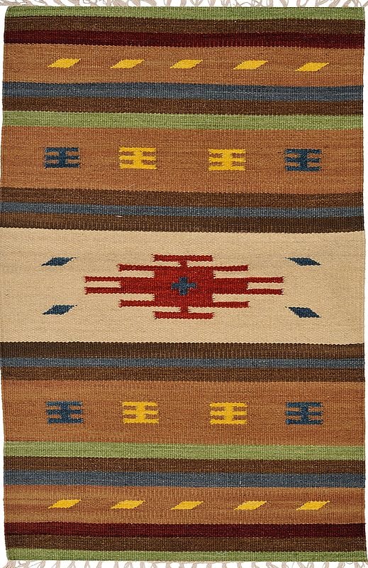 Apple Cinnamon Kilim Dhurrie from Sitapur with Woven Stripes and Motifs