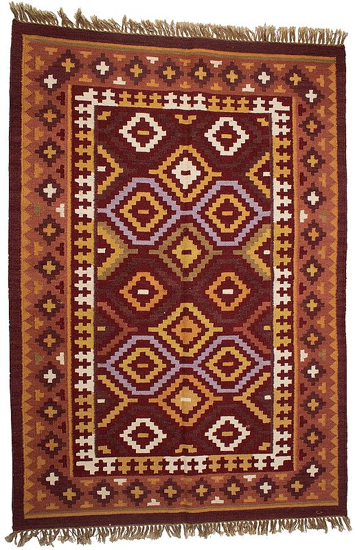 Oxblood-Red Handloom Kilim Dhurrie from Sitapur with Woven Motifs All-Over