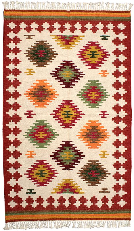 Mineral-Red Handloom Dhurrie from Sitapur with Woven Kilim Motifs